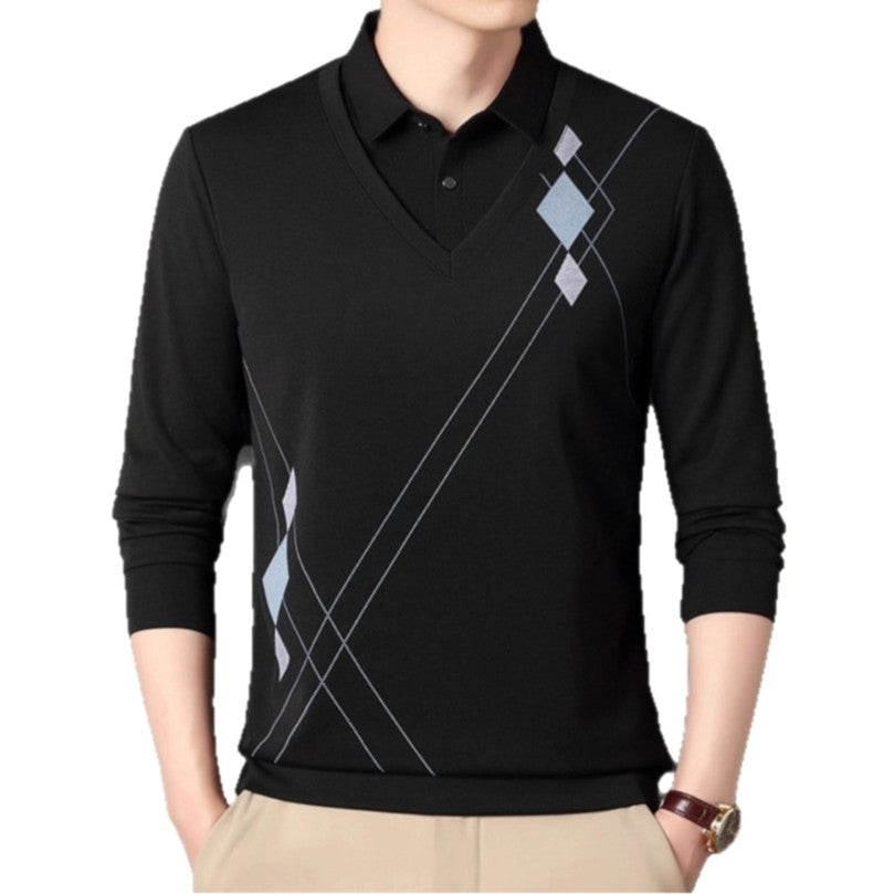 Men's elegant long-sleeved sweater with V-neck and modern pattern Lisslune