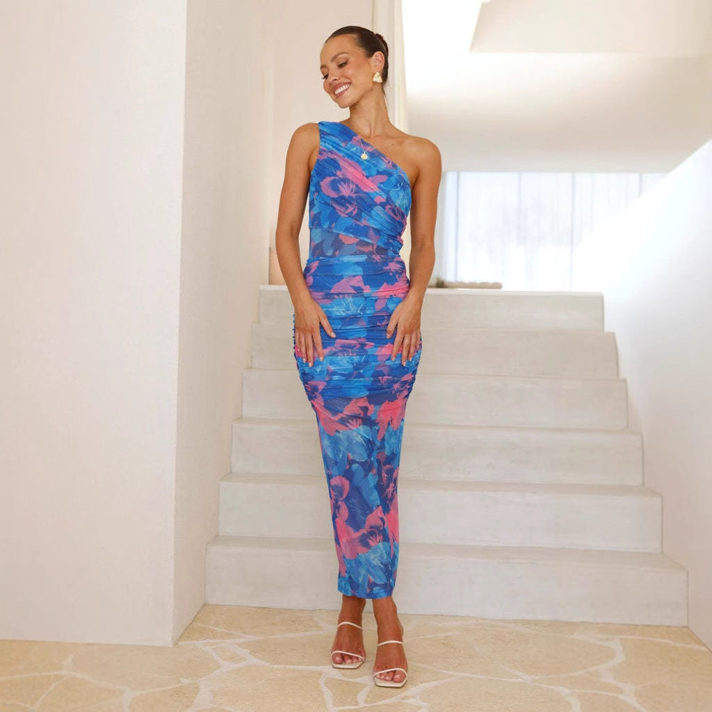 Women's midi dress with asymmetric strap and floral gathering design