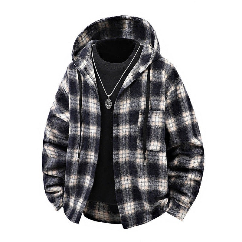 Men's Casual Checkered Mold Cover with Hood and Button Design Lisslune