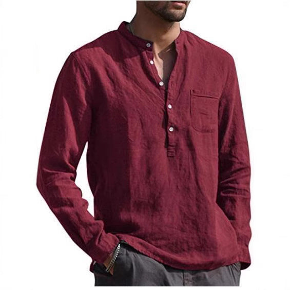 Men's linen shirt with classic Henley neckline and chest pocket Lisslune