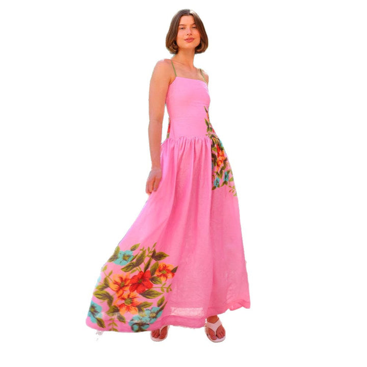 Women's maxi dress with floral draping design and ankle-bared straps