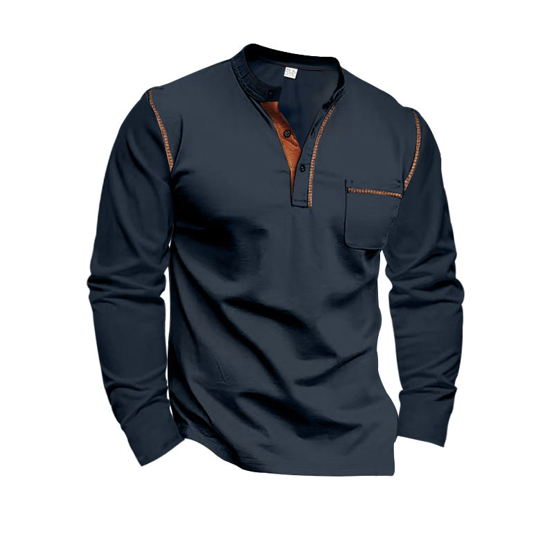 Men's long sleeve shirt with casual stand-up collar and contrasting accents Lisslune