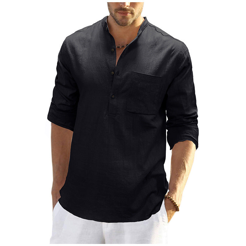 Men's linen shirt with classic Henley neckline and practical chest pocket Lisslune