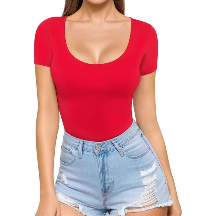 Damen figurbetontes Kurzarm-Body mit rundem Ausschnitt und nahtlosem Design Lisslune