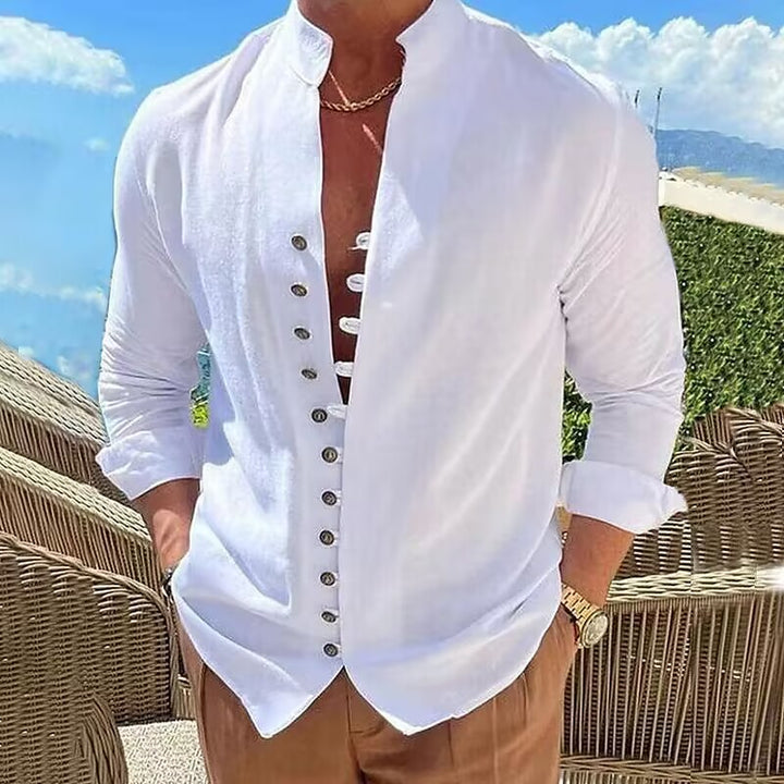 Men's long-sleeve shirt with stylish button placket and casual stand-up collar Lisslune