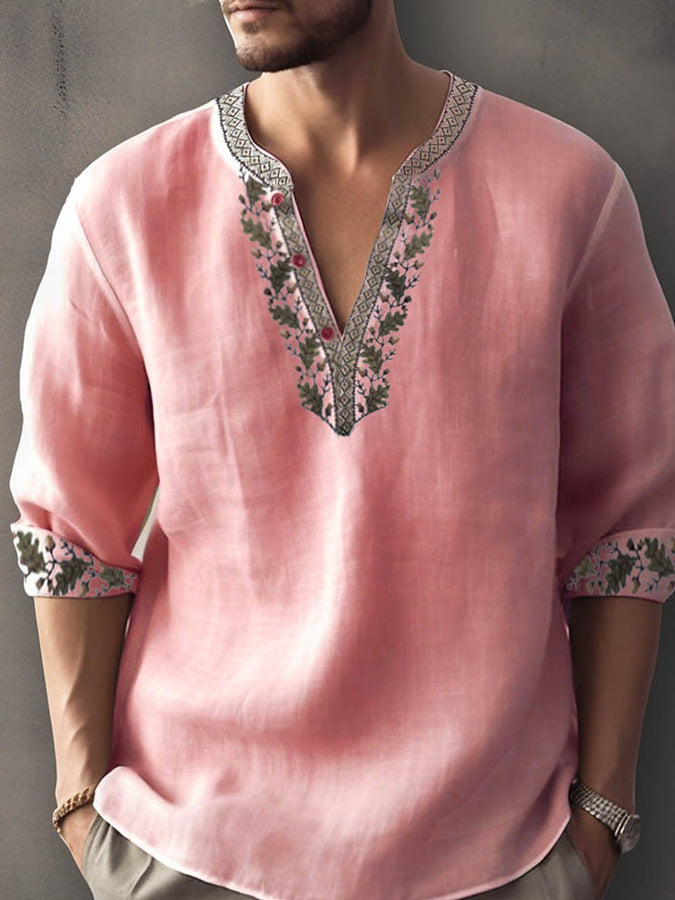 Men's linen blouse with extravagant floral pattern and elegant button details Lisslune