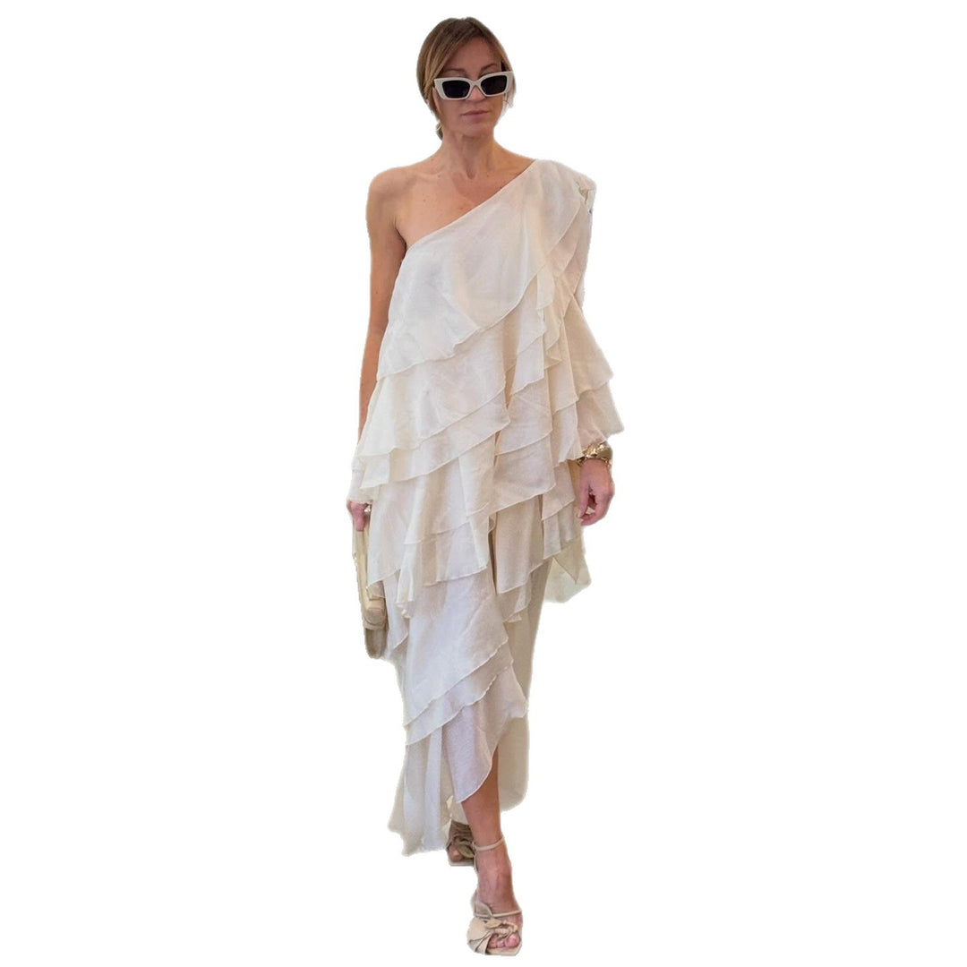 Women's maxi dress with layered ruffle design and asymmetrical hem