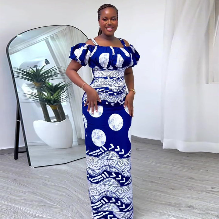 Women's maxi dress with voluminous puff sleeves and graphic pattern Lisslune