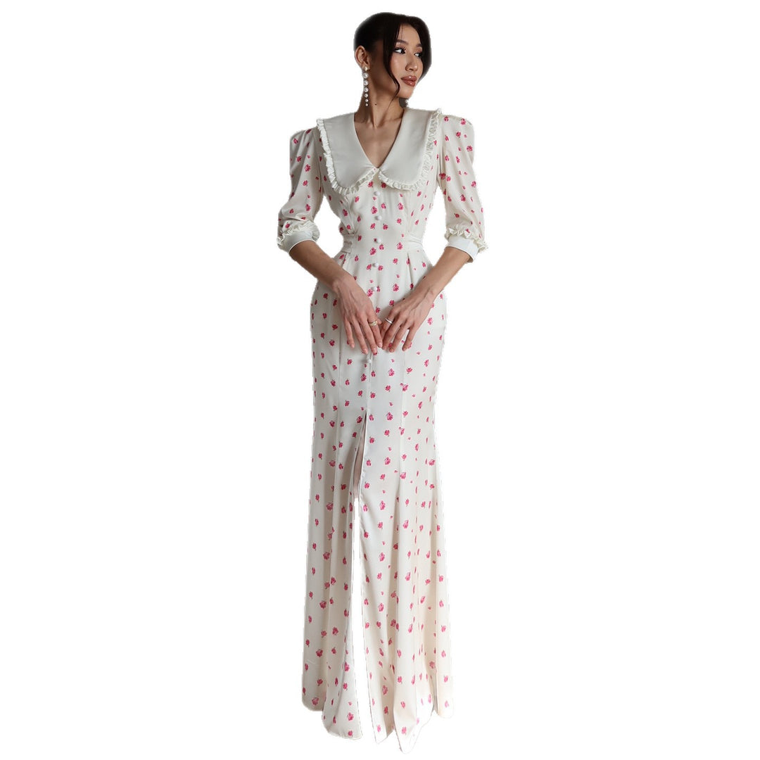 Ladies maxi dress with elegant collar trim and floral accents