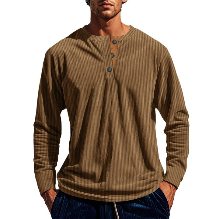 Men's Long Sleeve Shirt with Button Placket and Ribbed Texture Lisslune