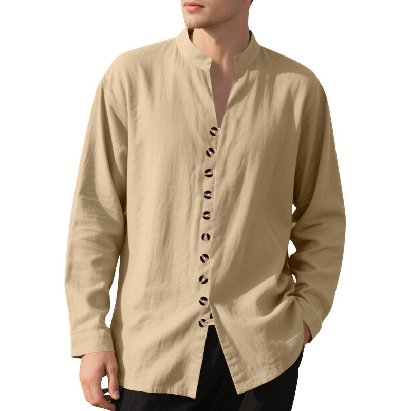 Men's casual long-sleeve shirt with elegant stand collar and chic button details Lisslune