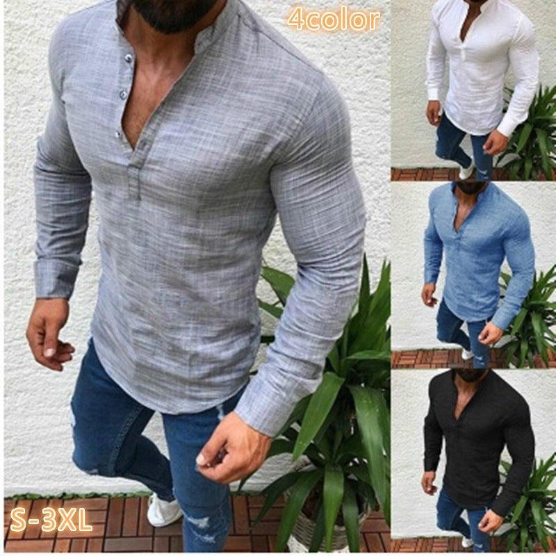 Men's Long Sleeve Shirt with Modern Stand Collar and Button Closure Lisslune
