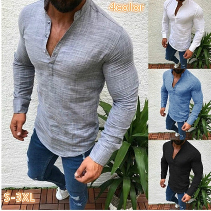 Men's Long Sleeve Shirt with Modern Stand Collar and Button Closure Lisslune
