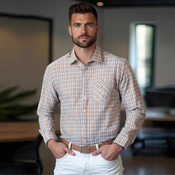 Men's checked long-sleeve shirt with chest pocket and fine structure Lisslune