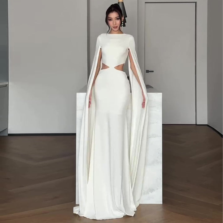 Women's Elegant Evening Dress with Innovative Cut-Out and Dramatic Cape