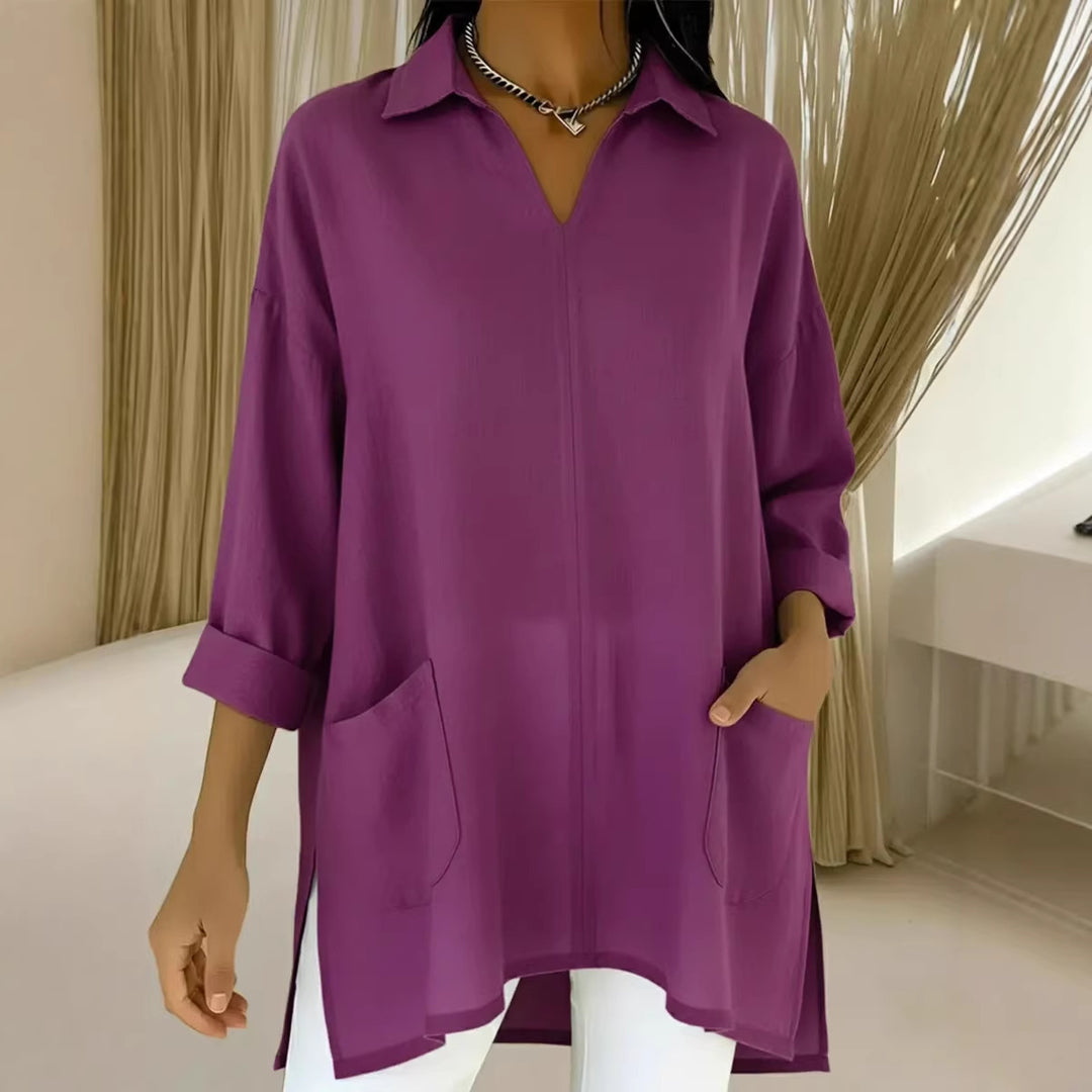 Women’s long sleeve blouse with elegant V-neck and practical pockets Lisslune
