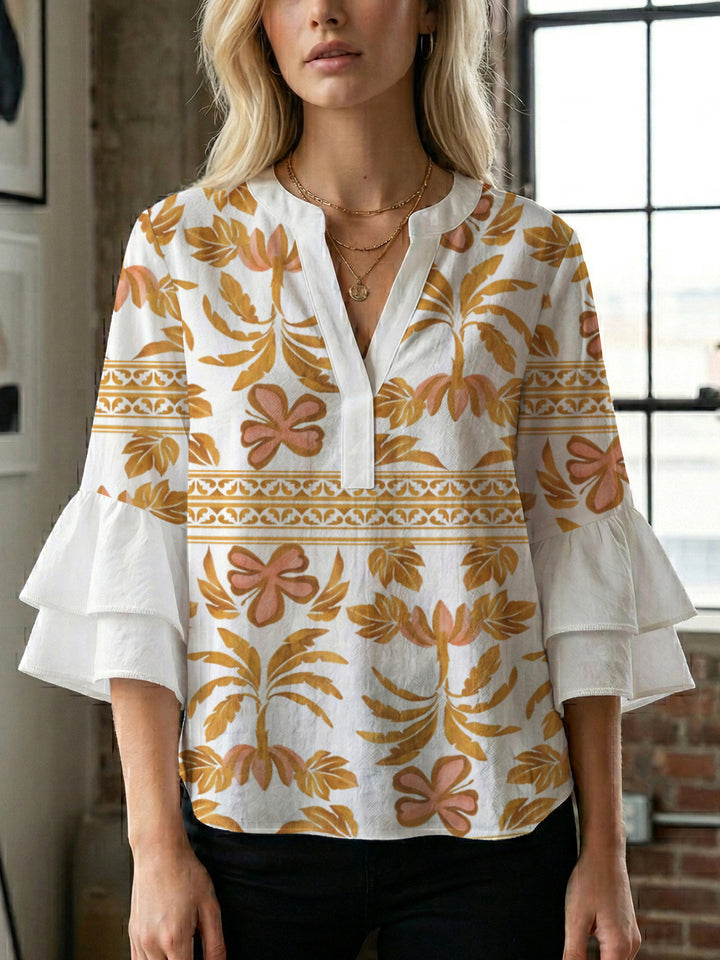 Women's casual blouse with ruffled sleeves and botanical print Lisslune