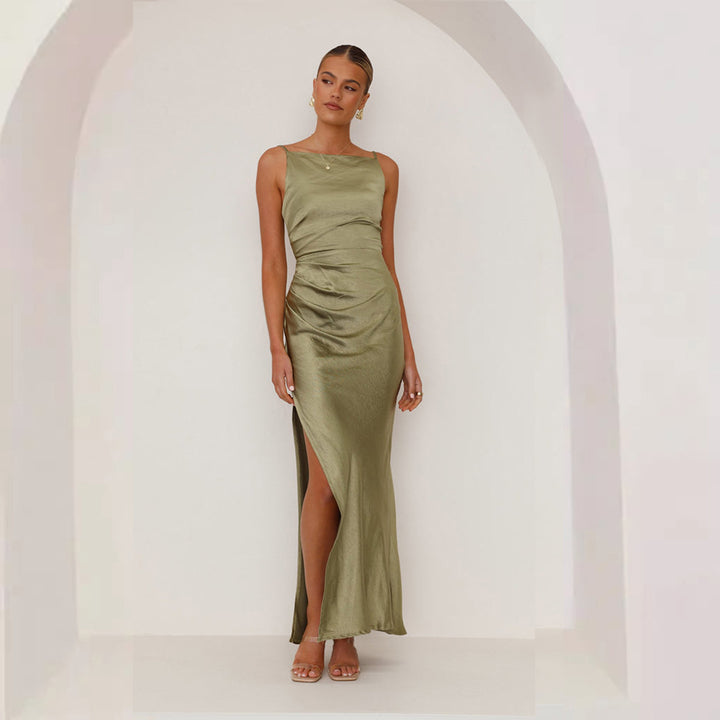Women's Elegant Satin Maxi Dress with Side Split and Slim Spaghetti Straps