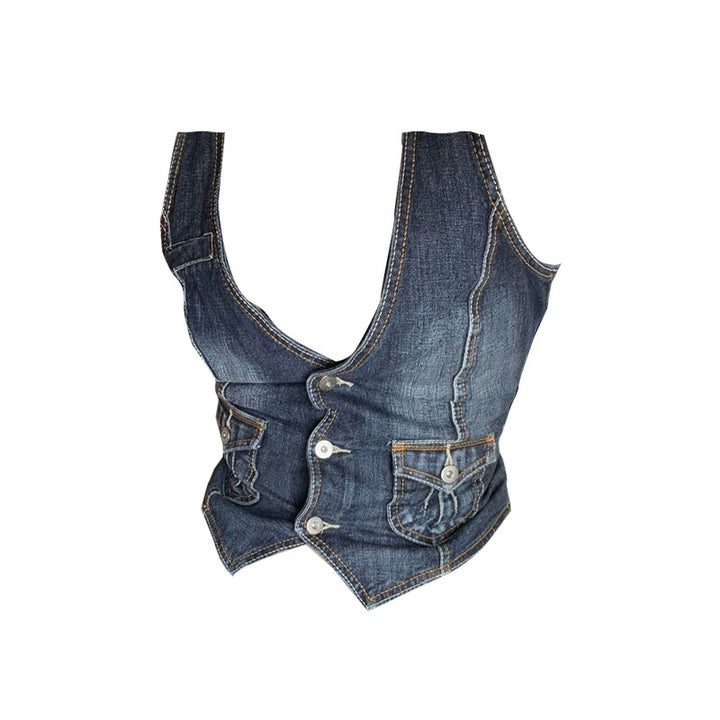 Women's denim bustier jacket with nostalgic lace inserts and decorative button details Lisslune