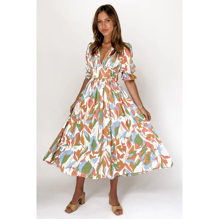 Women's maxi dress with casual V-neck and elastic waist drawstring Lune London