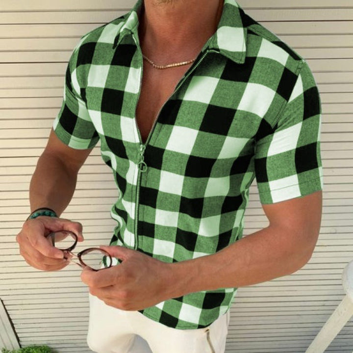 Men's short-sleeve shirt with modern check pattern and casual zipper Lisslune