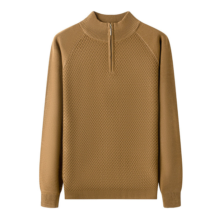 Men's Fine Knit Pullover with Textured Surface and Short Zipper Lisslune