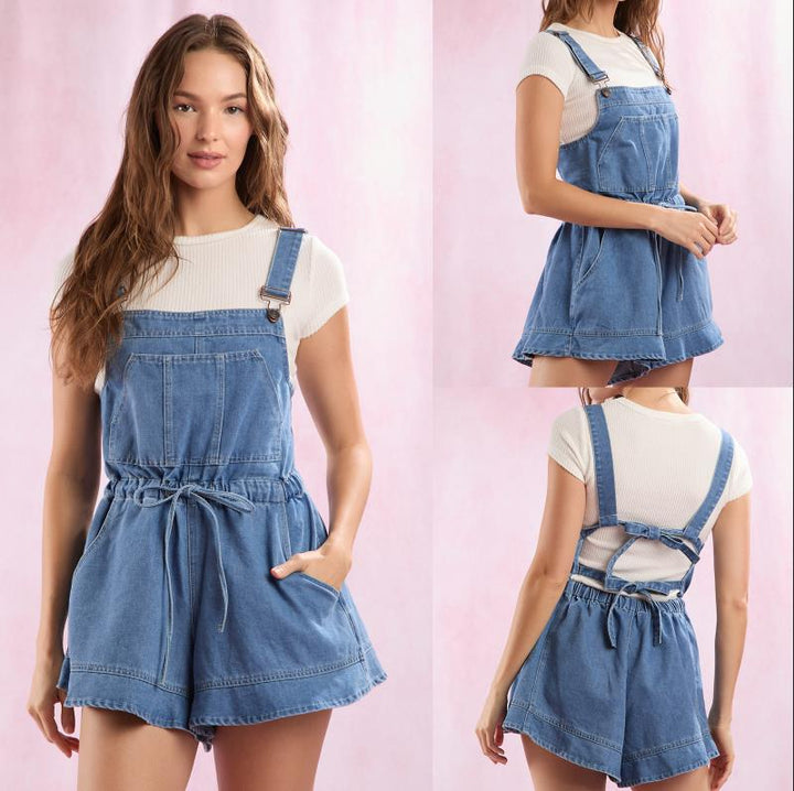 Women's Denim Overall with Adjustable Straps and Waist Drawstring Lisslune