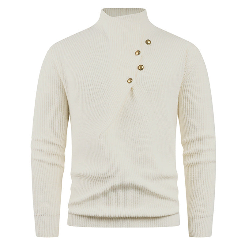 Men's knitted sweater with asymmetric collar and decorative wooden buttons Lisslune