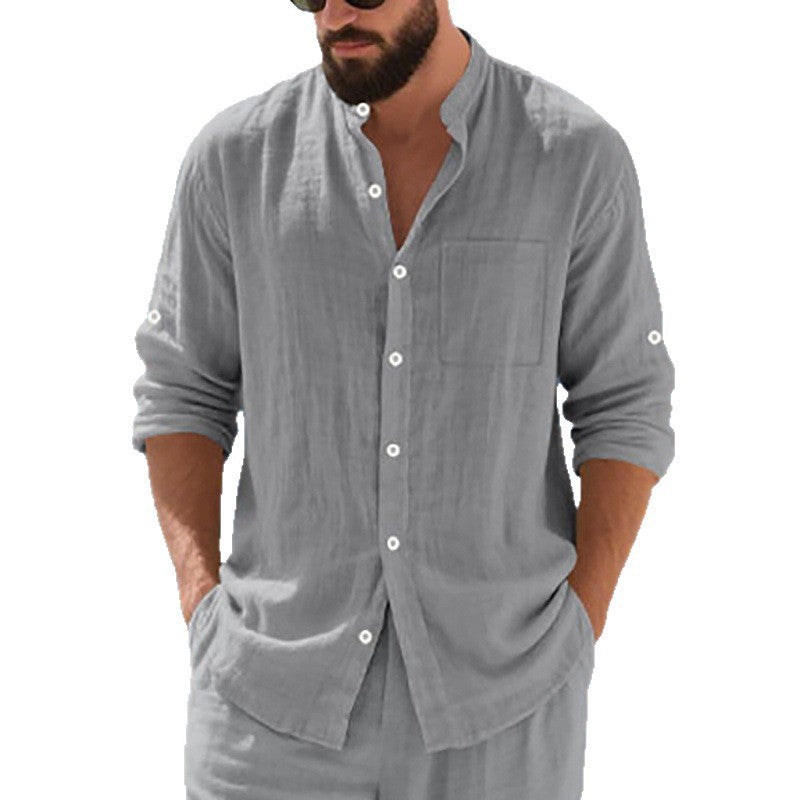 Men's linen shirt with modern stand-up collar and practical breast pocket Lisslune
