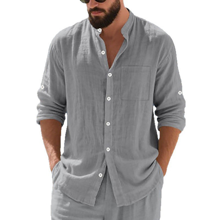 Men's linen shirt with modern stand-up collar and practical breast pocket Lisslune