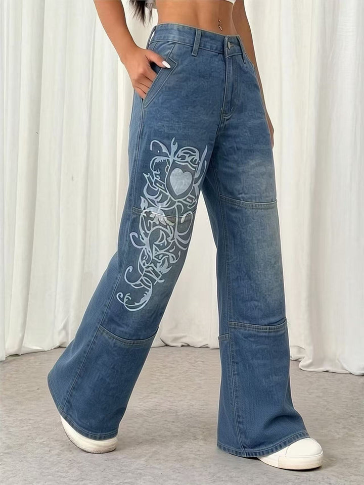Damen weite Jeans mit kunstvollem Aufdruck Lisslune