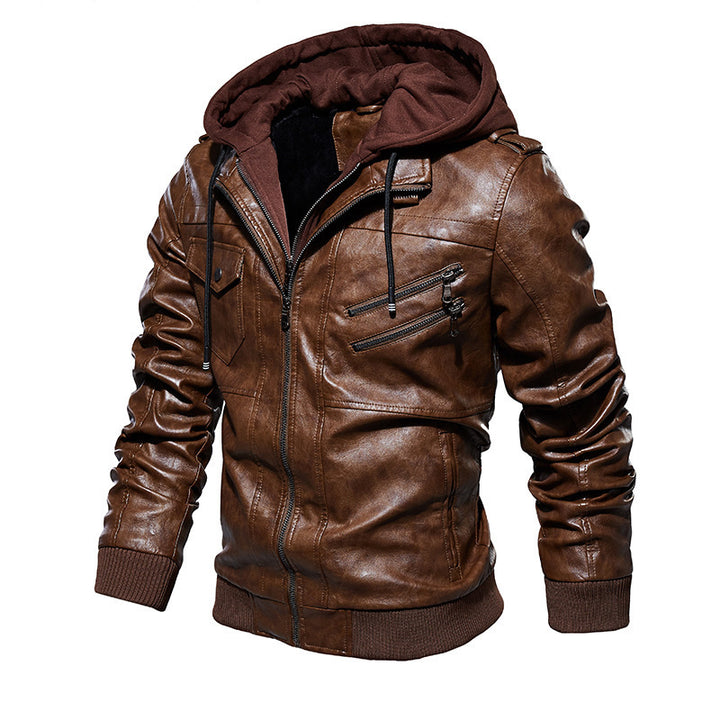 Men's Casual Synthetic Leather Jacket with Removable Hood and Numerous Pockets Lisslune
