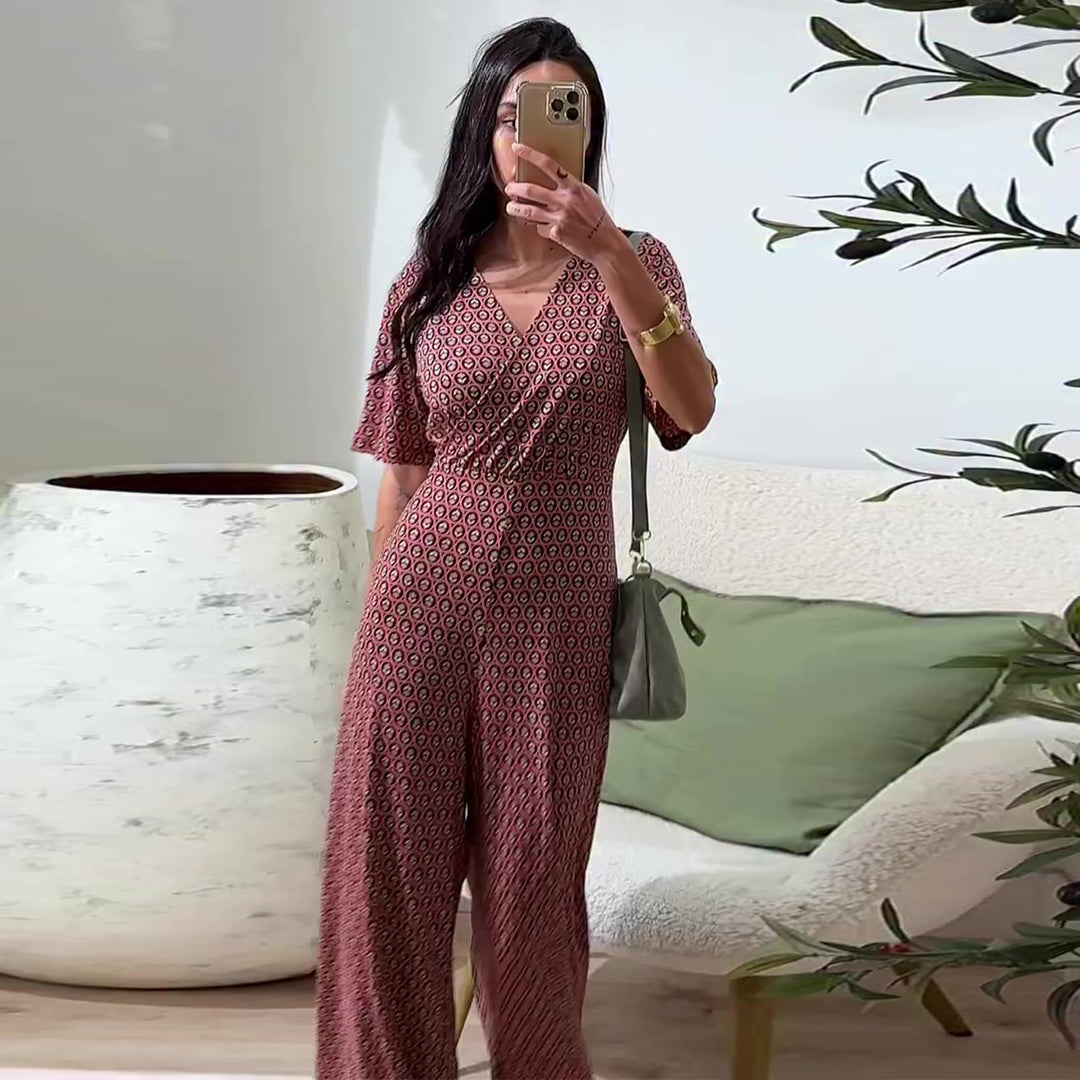 Women's jumpsuit with elastic waistband and deep V-neck Lisslune