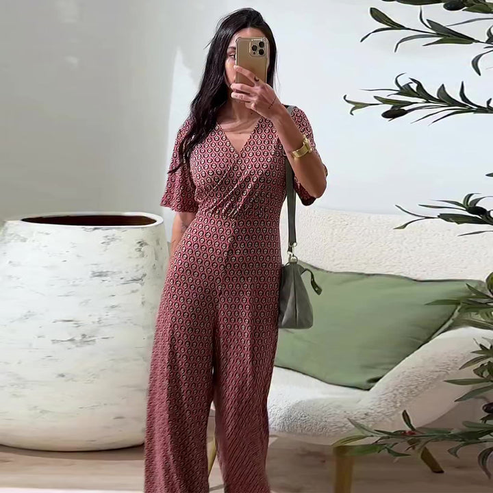 Women's jumpsuit with elastic waistband and deep V-neck Lisslune