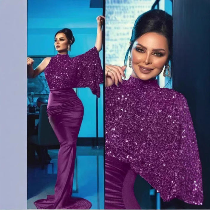 Ladies Glittering Evening Dress with Asymmetric Cut Lisslune