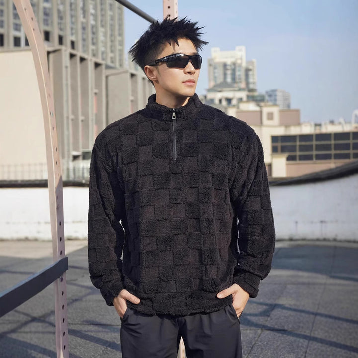 Men's fleece pullover with textured surface structure and standing collar Lisslune