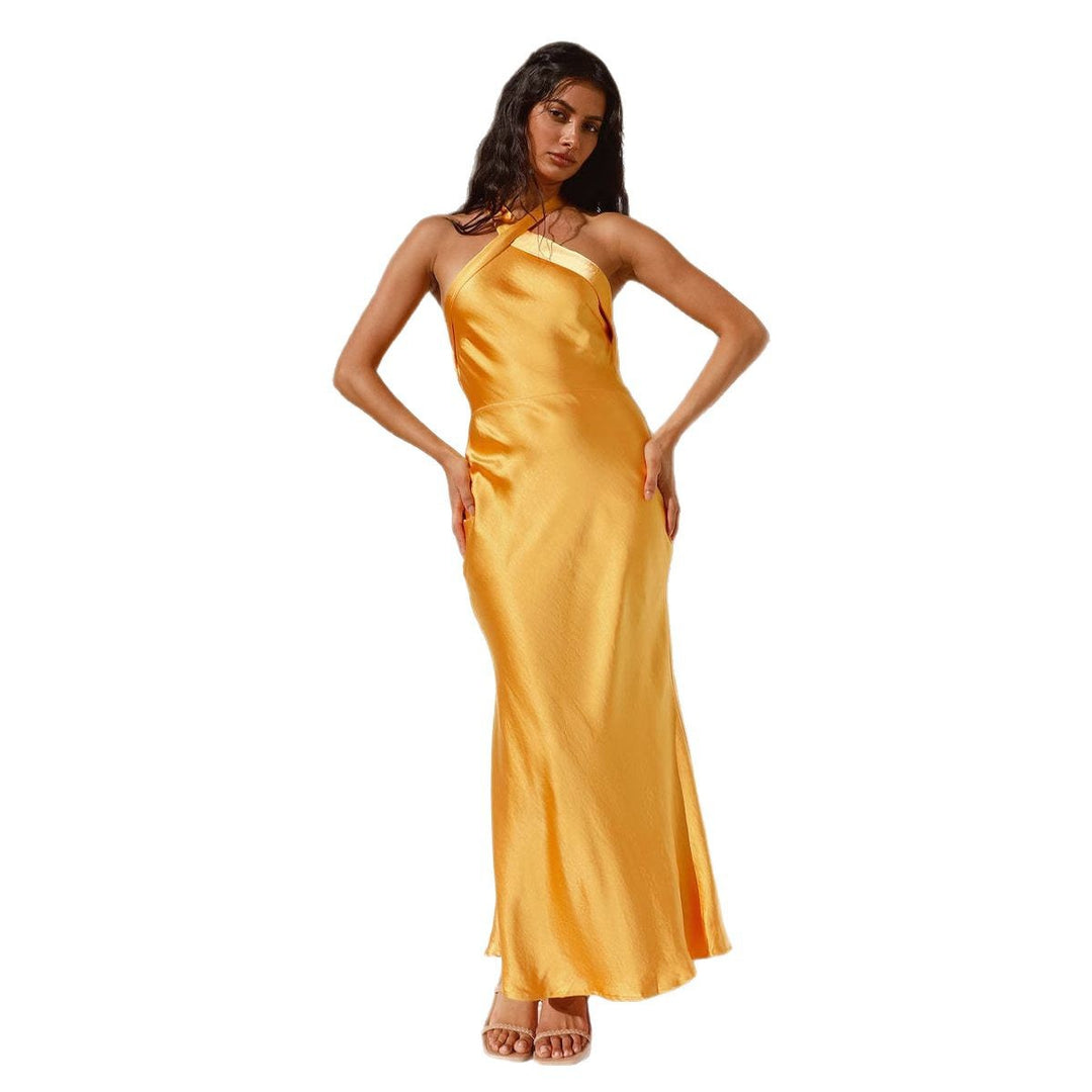 Women’s elegant evening dress with asymmetric neckline and flowing satin fall