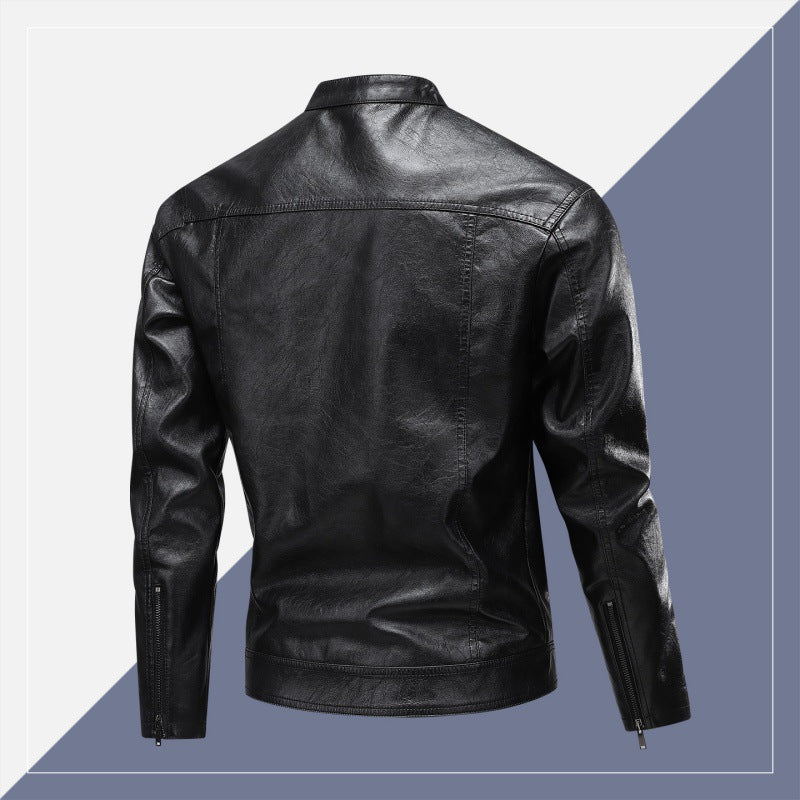 Men's faux leather jacket with modern stand-up collar and practical zipper pockets Lisslune