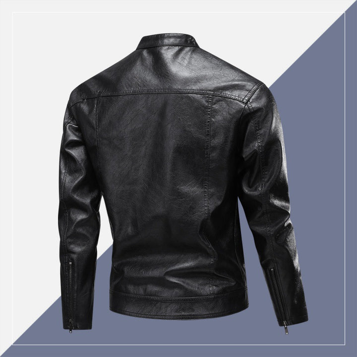 Men's faux leather jacket with modern stand-up collar and practical zipper pockets Lisslune