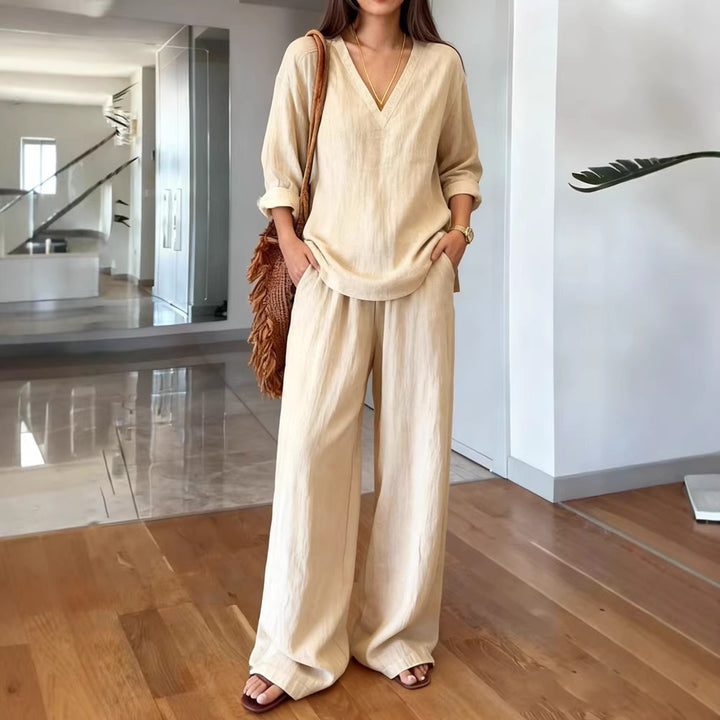 Women's Casual Linen Top and Wide Palazzo Pants Set Lisslune