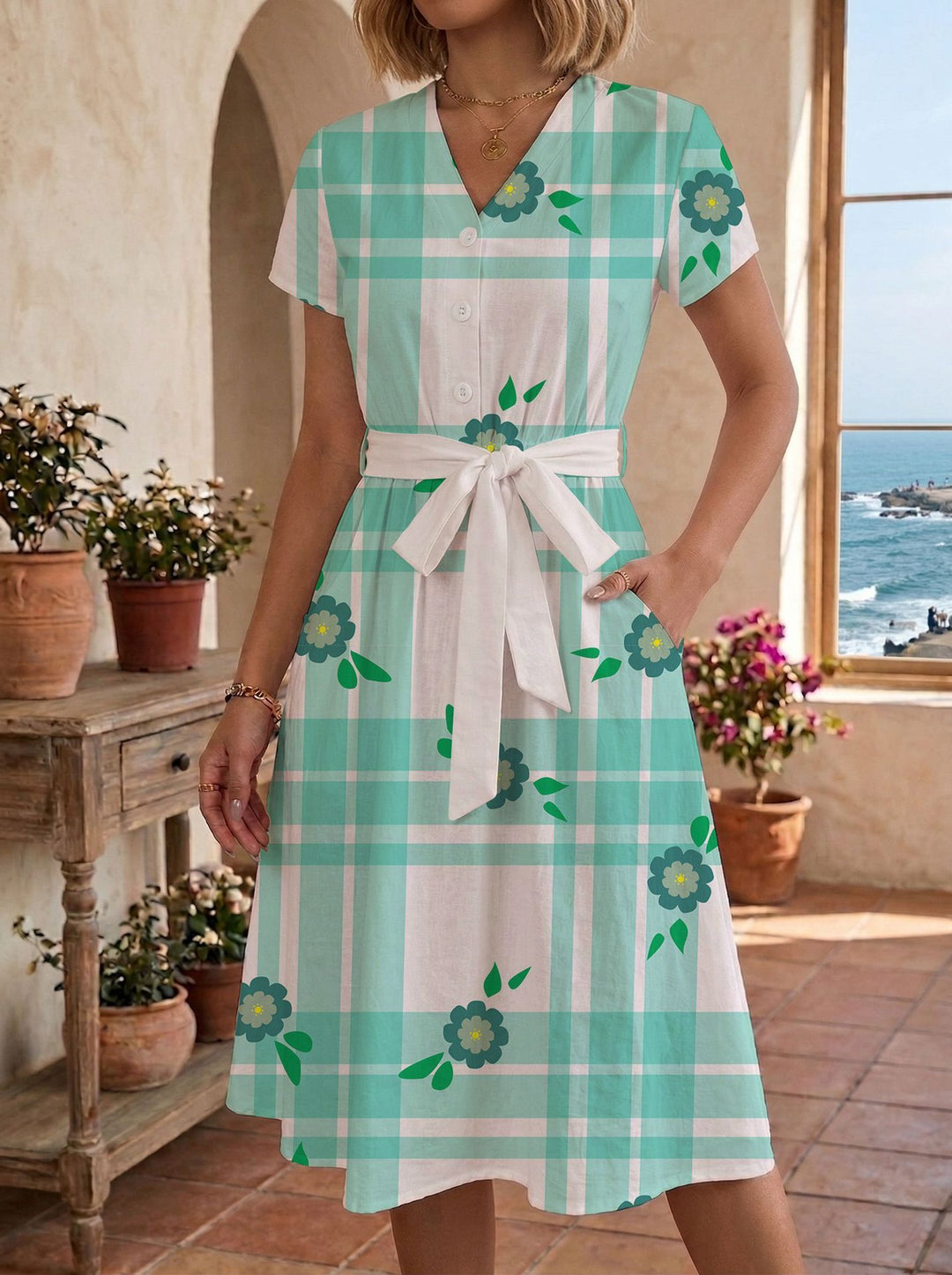 Women's casual maxi dress with adjustable knot and decorative check pattern Lisslune