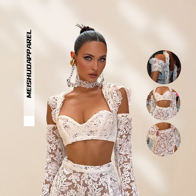 Ladies Lace Crop Top and Skirt Set with Transparent Details Lisslune