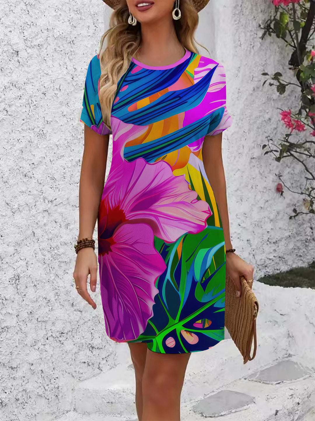 Women's casual T-shirt dress with colorful floral pattern and comfortable fit Lisslune