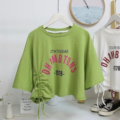 Women's cropped T-shirt with casual drawstring and creative lettering Lisslune