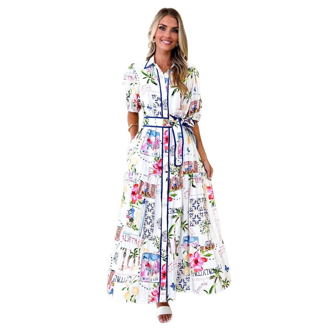 Women's Airy Maxi Dress with Floral Graphic Design and Practical Pockets