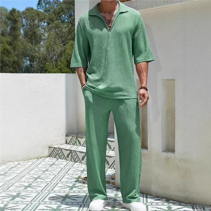 Men's casual leisure set with textured top and wide-cut trousers Lisslune