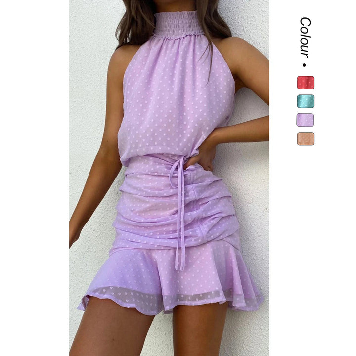 Women's mini dress with luxurious collar, side gathering, and flowing skirt