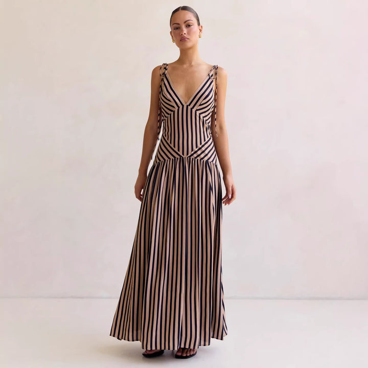 Women's maxi dress with deep V-neckline and elegant striped design