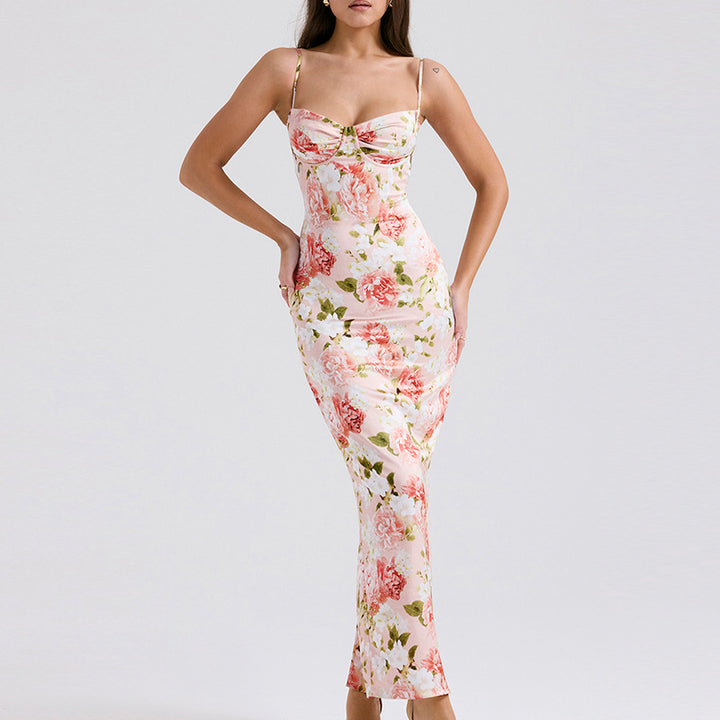 Women's Bodycon Maxi Dress with Floral Accents and Adjustable Spaghetti Straps