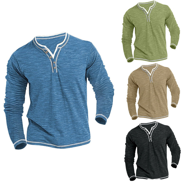 Men's Long Sleeve Henley Shirt with Contrast Stitching Lisslune
